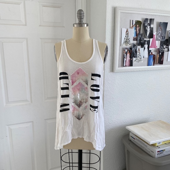 White Racer Back Knit Graphic Tank Tee With Mesh Back And Pastel Sequin Details - Picture 5 of 14